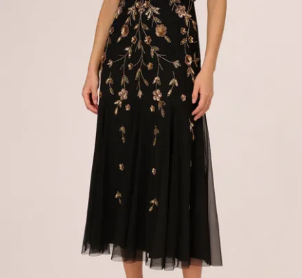 Adrianna Papell Wedding Guest Dresses|Formal Dresses*Floral Beaded Blouson Tea Length Dress In Black Gold