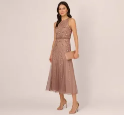 Adrianna Papell Wedding Guest Dresses|Formal Dresses*Floral Beaded Blouson Tea Length Dress In