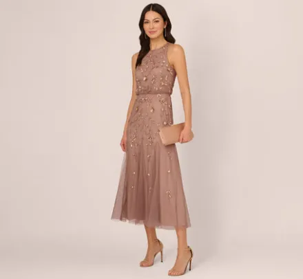 Adrianna Papell Wedding Guest Dresses|Formal Dresses*Floral Beaded Blouson Tea Length Dress In