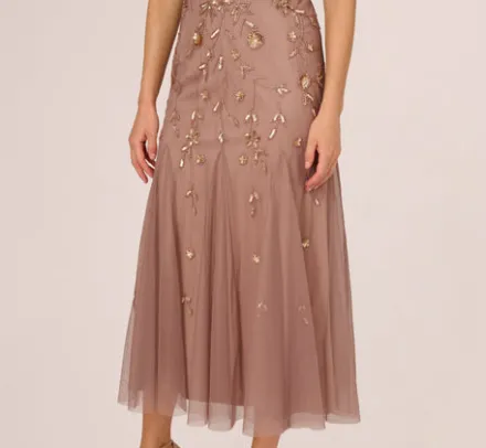 Adrianna Papell Wedding Guest Dresses|Formal Dresses*Floral Beaded Blouson Tea Length Dress In