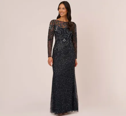 Adrianna Papell Wedding Guest Dresses|Formal Dresses*Floral Beaded Dress With Sheer Long Sleeves In