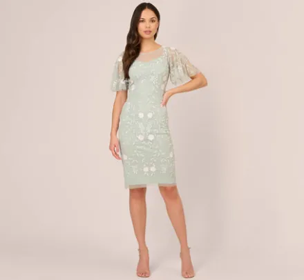 Adrianna Papell Wedding Guest Dresses|Petite-Friendly*Floral Beaded Dress With Sheer Flutter Sleeves In Icy Sage Ivory