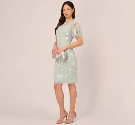Adrianna Papell Wedding Guest Dresses|Petite-Friendly*Floral Beaded Dress With Sheer Flutter Sleeves In Icy Sage Ivory