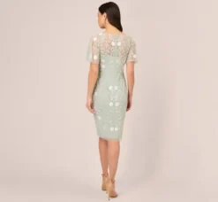 Adrianna Papell Wedding Guest Dresses|Petite-Friendly*Floral Beaded Dress With Sheer Flutter Sleeves In Icy Sage Ivory