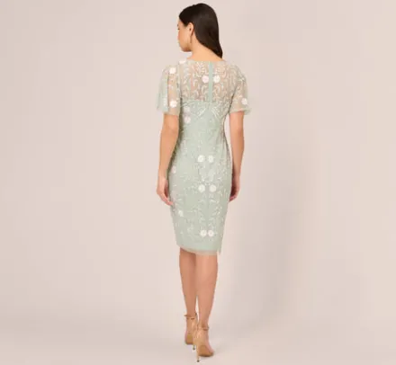 Adrianna Papell Wedding Guest Dresses|Petite-Friendly*Floral Beaded Dress With Sheer Flutter Sleeves In Icy Sage Ivory