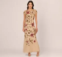 Adrianna Papell Wedding Guest Dresses|Formal Dresses*Floral Beaded Mermaid Gown With Illusion Neck And Short Sleeves In Nude Multi