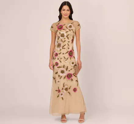 Adrianna Papell Wedding Guest Dresses|Formal Dresses*Floral Beaded Mermaid Gown With Illusion Neck And Short Sleeves In Nude Multi