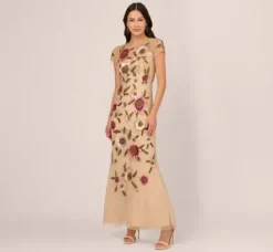 Adrianna Papell Wedding Guest Dresses|Formal Dresses*Floral Beaded Mermaid Gown With Illusion Neck And Short Sleeves In Nude Multi