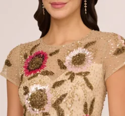 Adrianna Papell Wedding Guest Dresses|Formal Dresses*Floral Beaded Mermaid Gown With Illusion Neck And Short Sleeves In Nude Multi