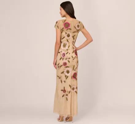 Adrianna Papell Wedding Guest Dresses|Formal Dresses*Floral Beaded Mermaid Gown With Illusion Neck And Short Sleeves In Nude Multi