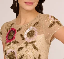 Adrianna Papell Wedding Guest Dresses|Formal Dresses*Floral Beaded Mermaid Gown With Illusion Neck And Short Sleeves In Nude Multi