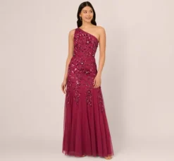 Adrianna Papell Wedding Guest Dresses|Formal Dresses*Floral Beaded One Shoulder Mermaid Gown With Godet Skirt In