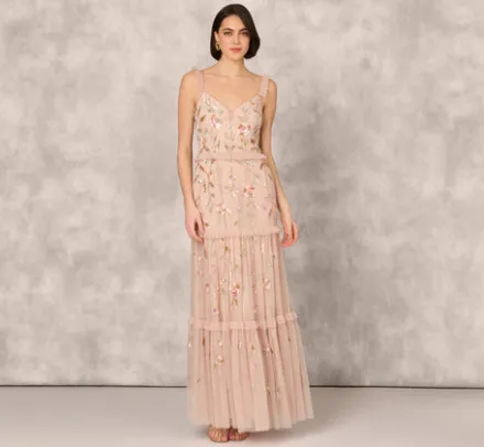 Adrianna Papell Wedding Guest Dresses|Formal Dresses*Floral Beaded Tiered Gown With Ruffle Details In Pink Multi