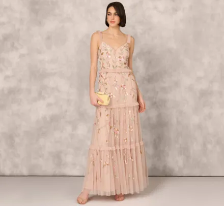 Adrianna Papell Wedding Guest Dresses|Formal Dresses*Floral Beaded Tiered Gown With Ruffle Details In Pink Multi