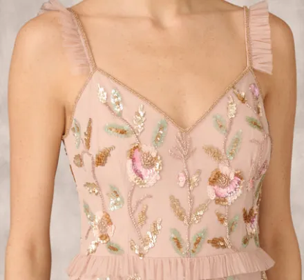 Adrianna Papell Wedding Guest Dresses|Formal Dresses*Floral Beaded Tiered Gown With Ruffle Details In Pink Multi