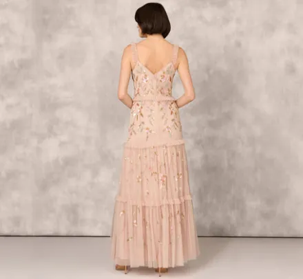 Adrianna Papell Wedding Guest Dresses|Formal Dresses*Floral Beaded Tiered Gown With Ruffle Details In Pink Multi