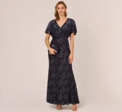 Adrianna Papell Wedding Guest Dresses|Formal Dresses*Floral Burnout Velvet Long Blouson Gown In