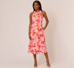 Adrianna Papell Wedding Guest Dresses|Day Dresses*Floral Chiffon Halter Dress With Tiered Skirt In Apricot Multi