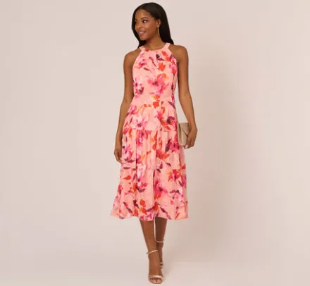 Adrianna Papell Wedding Guest Dresses|Day Dresses*Floral Chiffon Halter Dress With Tiered Skirt In Apricot Multi