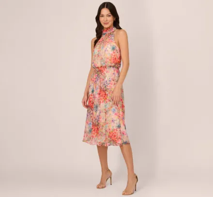 Adrianna Papell Wedding Guest Dresses|Day Dresses*Floral Chiffon Halter Midi Dress With Blouson Bodice In Red Multi