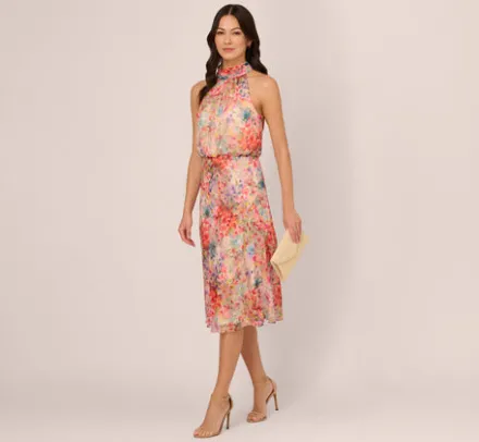 Adrianna Papell Wedding Guest Dresses|Day Dresses*Floral Chiffon Halter Midi Dress With Blouson Bodice In Red Multi