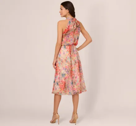 Adrianna Papell Wedding Guest Dresses|Day Dresses*Floral Chiffon Halter Midi Dress With Blouson Bodice In Red Multi