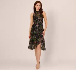 Adrianna Papell Wedding Guest Dresses|Petite-Friendly*Floral Chiffon Halter Midi Dress With Flounce Hem In Black Multi