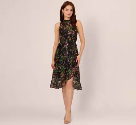 Adrianna Papell Wedding Guest Dresses|Petite-Friendly*Floral Chiffon Halter Midi Dress With Flounce Hem In Black Multi
