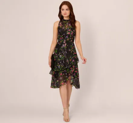 Adrianna Papell Wedding Guest Dresses|Petite-Friendly*Floral Chiffon Halter Midi Dress With Flounce Hem In Black Multi