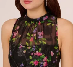 Adrianna Papell Wedding Guest Dresses|Petite-Friendly*Floral Chiffon Halter Midi Dress With Flounce Hem In Black Multi