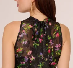 Adrianna Papell Wedding Guest Dresses|Petite-Friendly*Floral Chiffon Halter Midi Dress With Flounce Hem In Black Multi