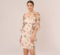 Adrianna Papell Wedding Guest Dresses|Day Dresses*Floral Embroidered Bell Sleeve Sheath Dress In Blush Multi