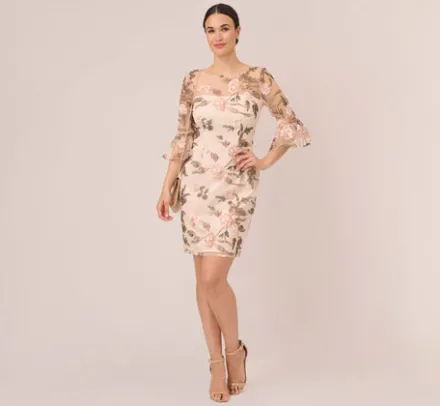 Adrianna Papell Wedding Guest Dresses|Day Dresses*Floral Embroidered Bell Sleeve Sheath Dress In Blush Multi
