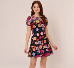 Adrianna Papell Wedding Guest Dresses|Ap Exclusives*Floral Embroidered Flounce Dress With Sheer Short Sleeves In Black Multi