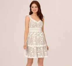 Adrianna Papell Day Dresses|Little White Dresses*Floral Embroidered Lace Dress With Ruffle Trim In Ivory Nude