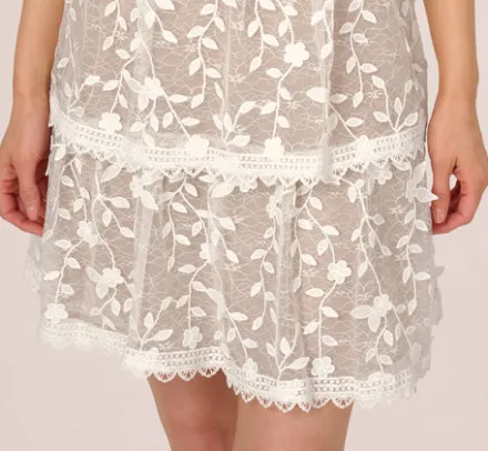 Adrianna Papell Day Dresses|Little White Dresses*Floral Embroidered Lace Dress With Ruffle Trim In Ivory Nude