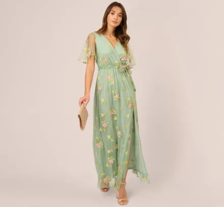 Adrianna Papell Wedding Guest Dresses|Ap Exclusives*Floral Embroidered Maxi Dress With Sheer Flutter Sleeves In Sage Multi