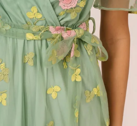 Adrianna Papell Wedding Guest Dresses|Ap Exclusives*Floral Embroidered Maxi Dress With Sheer Flutter Sleeves In Sage Multi