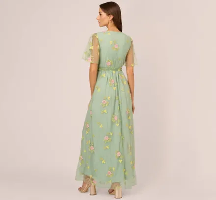 Adrianna Papell Wedding Guest Dresses|Ap Exclusives*Floral Embroidered Maxi Dress With Sheer Flutter Sleeves In Sage Multi