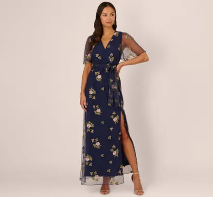 Adrianna Papell Wedding Guest Dresses|Ap Exclusives*Floral Embroidered Maxi Dress With Sheer Flutter Sleeves In Navy Multi