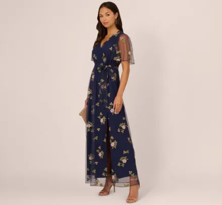 Adrianna Papell Wedding Guest Dresses|Ap Exclusives*Floral Embroidered Maxi Dress With Sheer Flutter Sleeves In Navy Multi