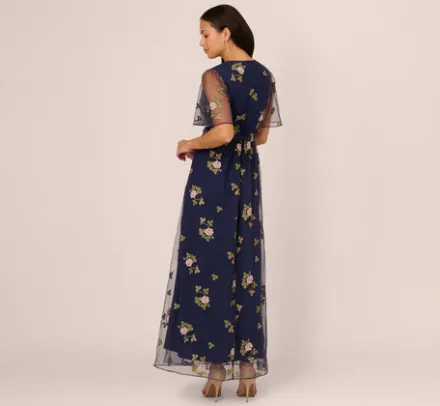 Adrianna Papell Wedding Guest Dresses|Ap Exclusives*Floral Embroidered Maxi Dress With Sheer Flutter Sleeves In Navy Multi