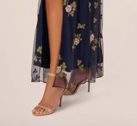 Adrianna Papell Wedding Guest Dresses|Ap Exclusives*Floral Embroidered Maxi Dress With Sheer Flutter Sleeves In Navy Multi
