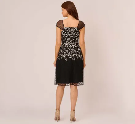 Adrianna Papell Wedding Guest Dresses|Day Dresses*Floral Embroidered Midi Dress With Sheer Cap Sleeves In Black Ivory