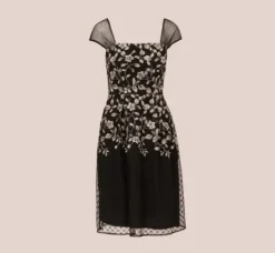 Adrianna Papell Wedding Guest Dresses|Day Dresses*Floral Embroidered Midi Dress With Sheer Cap Sleeves In Black Ivory