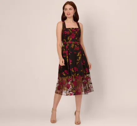 Adrianna Papell Wedding Guest Dresses|Day Dresses*Floral Embroidered Midi Dress With Sheer Hem In Pink Black