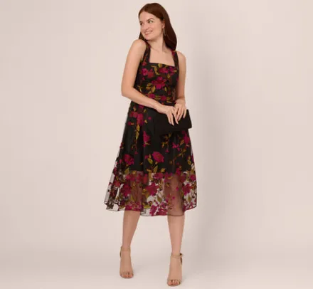 Adrianna Papell Wedding Guest Dresses|Day Dresses*Floral Embroidered Midi Dress With Sheer Hem In Pink Black