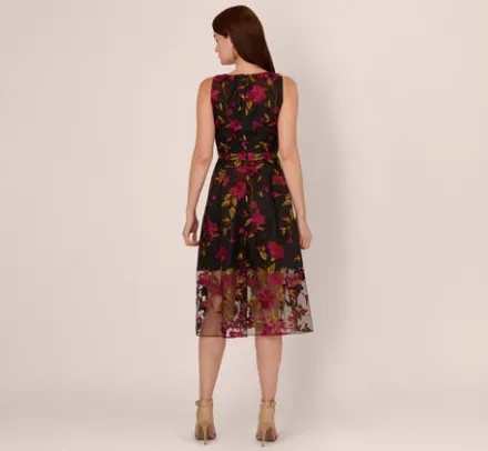 Adrianna Papell Wedding Guest Dresses|Day Dresses*Floral Embroidered Midi Dress With Sheer Hem In Pink Black