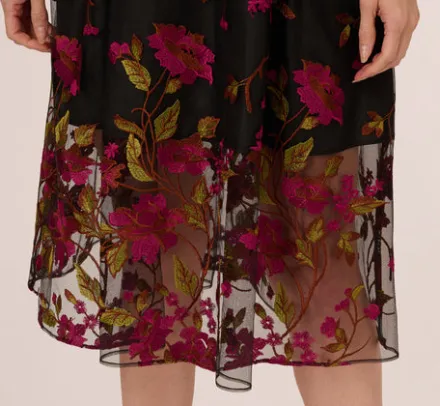 Adrianna Papell Wedding Guest Dresses|Day Dresses*Floral Embroidered Midi Dress With Sheer Hem In Pink Black