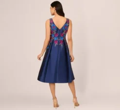 Adrianna Papell Wedding Guest Dresses|Petite-Friendly*Floral Embroidered Mikado Midi Dress With Beaded Details In Light Navy